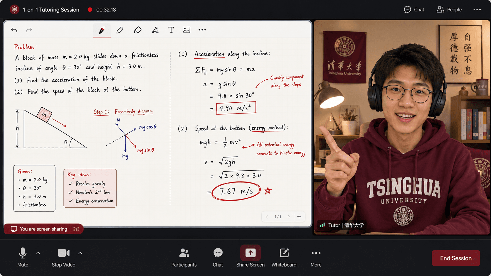 A 1-on-1 online tutoring session: a Tsinghua student explaining a physics past-paper problem on a shared whiteboard